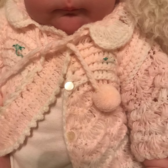 Vintage Pink PomPom Bon Bon Baby Crochet Sweater Hat Booties Set - Picture 8 of 11